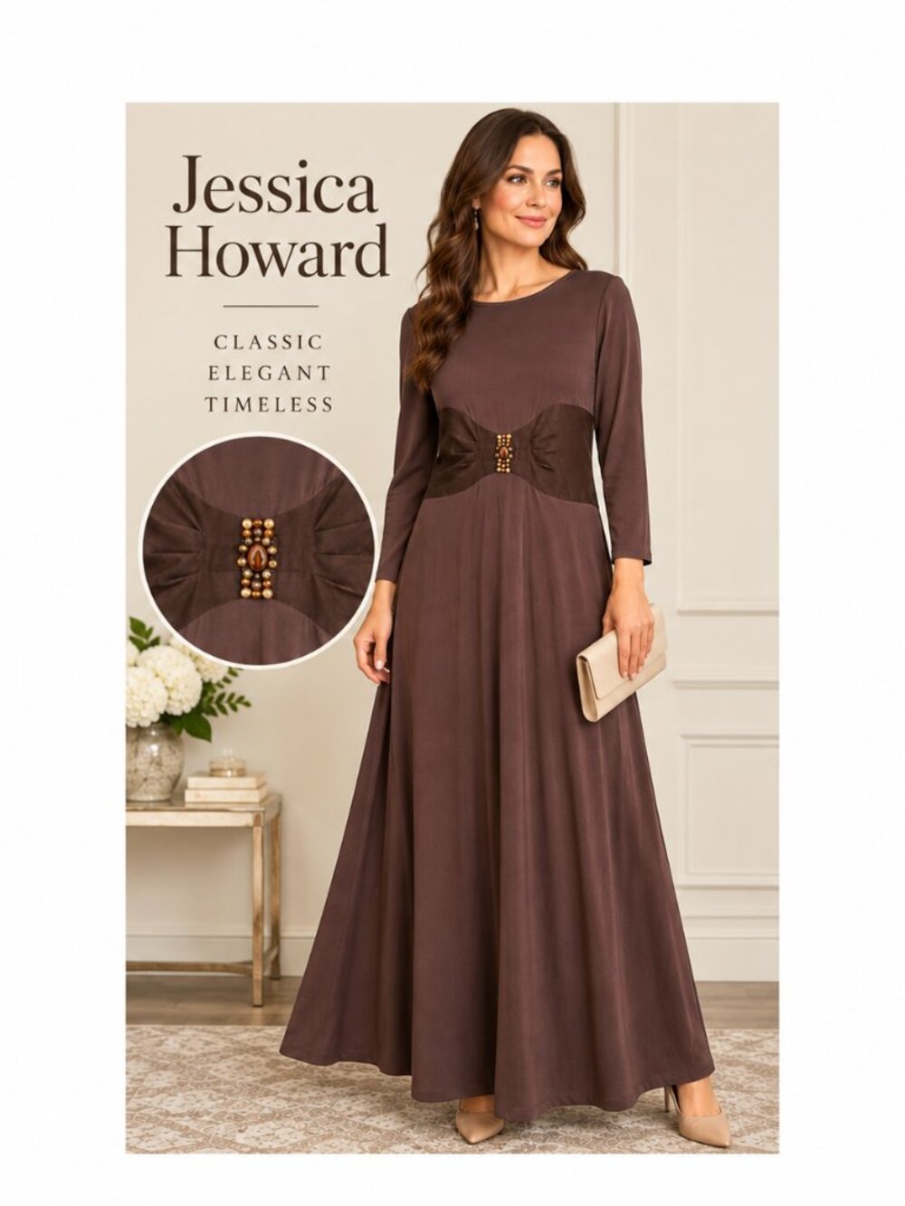 Jessica Howard Brown Maxi Dress Long Sleeve Jeweled Waist Elegant